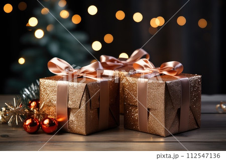 Gift boxes. Merry Christmas, Marry New Year, birthday. Generative AI 112547136