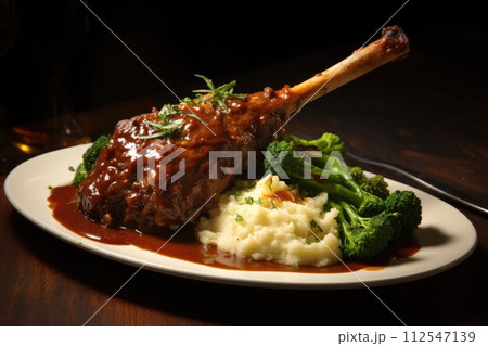 Roast lamb shank with herbs and vegetables. Generative AI 112547139