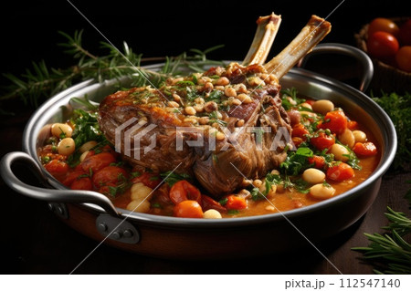 Roast lamb shank with herbs and vegetables. Generative AI 112547140