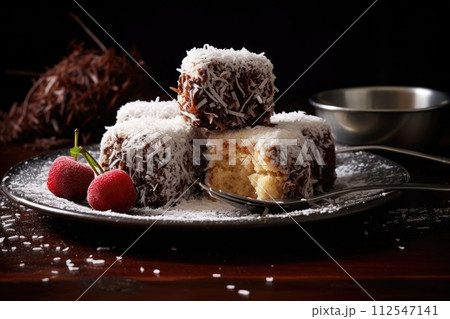 Lamingtons, sponge cake with chocolate and coconut. Generative AI 112547141