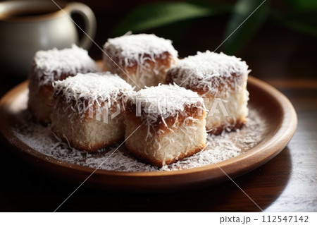 Lamingtons, sponge cake with chocolate and coconut. Generative AI 112547142