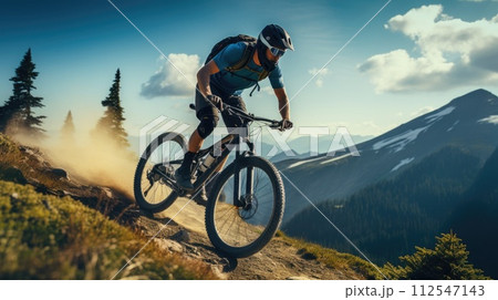 Active male cyclist riding bike on a mountain. Generative AI 112547143
