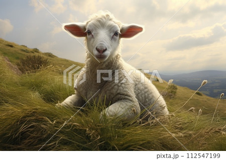 Lamb grazing on green grass meadow. Generative AI 112547199