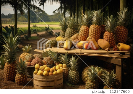 Pineapples at the marketplace in the tropics. Generative AI 112547600