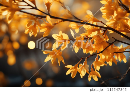 Forsythia blossom on bush. Generative AI 112547845