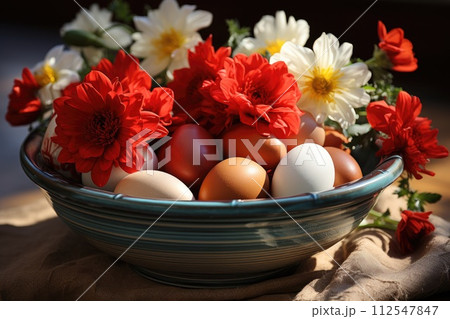 Elegant traditional spring decoration adorned with Easter eggs. Generative AI. 112547847
