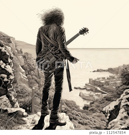 Lonely figure of a man on a cliff by the sea with guitar. Generative AI 112547854