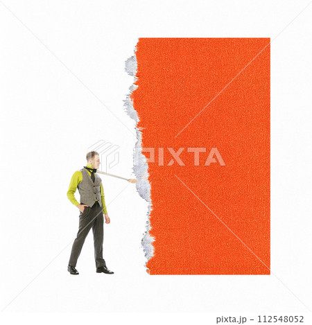 Contemporary art collage. Someone pulling a man's tie to vibrant orange piece of paper against white background. 112548052