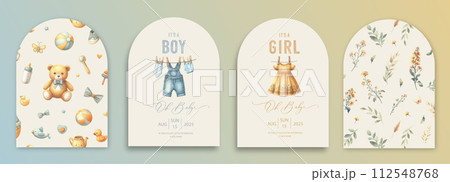 Cute baby shower watercolor arch invitation card with clothes for newborns drying on a rope. Cute baby shower watercolor arch invitation card with clothes for newborns drying on a rope. 112548768