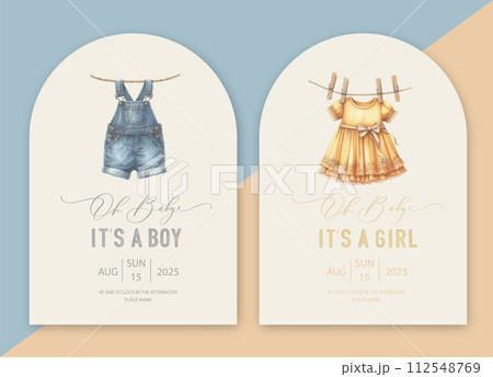 Cute baby shower watercolor arch invitation card with clothes for newborns drying on a rope. Cute baby shower watercolor arch invitation card with clothes for newborns drying on a rope. 112548769