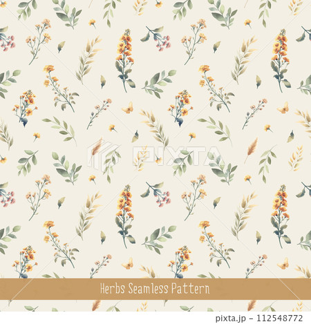 Vector watercolor vintage seamless floral pattern. Wild Herbs and wild flowers. Vector watercolor vintage seamless floral pattern. Wild Herbs and wild flowers. 112548772