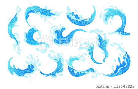 Blue ocean splashes. Water splashing, aqua waves, drops and flows, clean water splash flat vector illustration set. Transparent water motion elements Blue ocean splashes. Water splashing, aqua waves, drops and flows, clean water splash flat vector illustration set. Transparent water motion elements 112548828