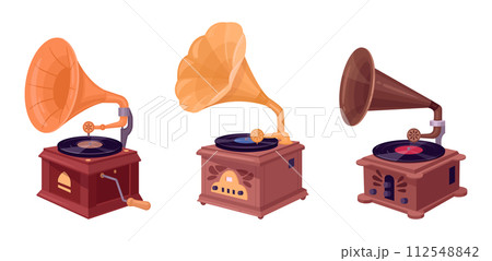 Retro nostalgic music devices. Gramophone player for listening music, antique music gramophones flat vector illustration set. Old school gramophones 112548842