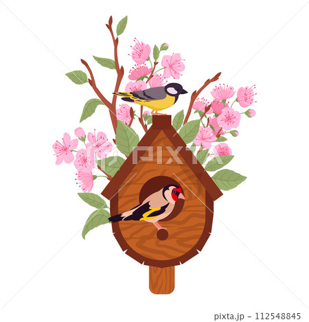 Wooden bird house. Cartoon hand crafted bird house with feeders, cute birds nests on blooming tree flat vector illustration. Nesting bird house Wooden bird house. Cartoon hand crafted bird house with feeders, cute birds nests on blooming tree flat vector illustration. Nesting bird house 112548845