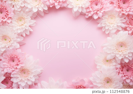 Beautiful floral frame of pink and white chrysanthemums with copy space on a pink background. Valentine's Day, Easter, Women's Day, Mother's Day. Flat lay, top view. AI-generated content. 112548876