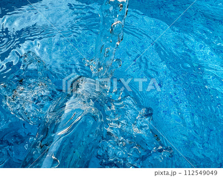 Dynamic splash in crystal clear blue water and glass bottle, creating ripples and water droplets in motion. Clean water concept. 112549049