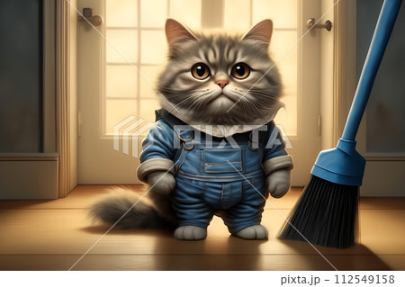 fat cat with a broom isolated on a brown background 112549158