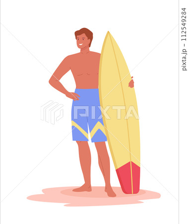 Young happy man standing on sand and holding surfboard. Active male character on summer recreation, sea leisure hobby Young happy man standing on sand and holding surfboard. Active male character on summer recreation, sea leisure hobby 112549284
