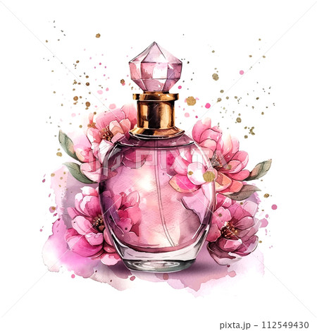a beautiful pink perfume bottle with roses in the glamour style, golden glitter watercolor illustration on white background a beautiful pink perfume bottle with roses in the glamour style, golden glitter watercolor illustration on white background 112549430