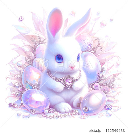 cute clipart of a little baby easter bunny rabbit with fluffy fur between easter eggs with diamonds and pearls 112549488