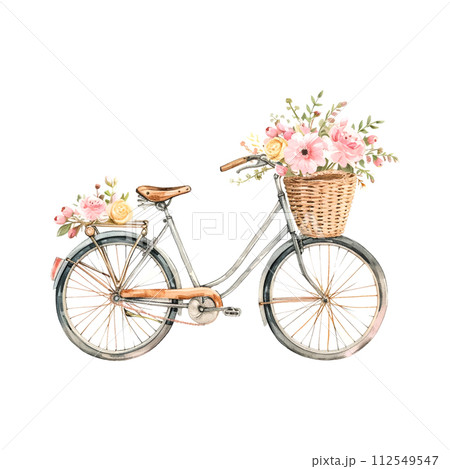 beautiful elegant minimal design of bicycle for women with pastel flowers in the front basket, watercolour beautiful elegant minimal design of bicycle for women with pastel flowers in the front basket, watercolour 112549547