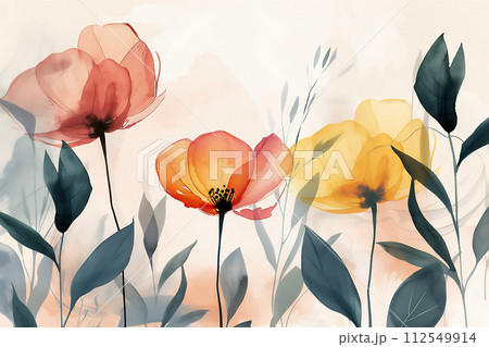 Abstract wild poppy art watercolor in trendy colors on pastel background. Botanical watercolor hand drawn flowers paint brush design with copy space. Abstract wild poppy art watercolor in trendy colors on pastel background. Botanical watercolor hand drawn flowers paint brush design with copy space. 112549914