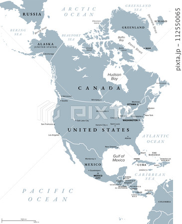 North America, gray political map. Continent bordered by South America, Caribbean Sea, and by the Arctic, Atlantic and Pacific Ocean. The largest countries are Canada, the United States, and Mexico. North America, gray political map. Continent bordered by South America, Caribbean Sea, and by the Arctic, Atlantic and Pacific Ocean. The largest countries are Canada, the United States, and Mexico. 112550065