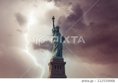 View on Statue liberty from Hudson river on the stormy sky with lightning strike View on Statue liberty from Hudson river on the stormy sky with lightning strike 112550066