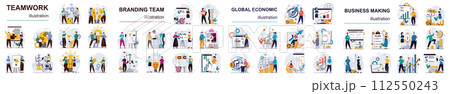 Mega set flat design concept teamwork, branding, economic, business making with people character situations. Bundle of different scenes. Collection vector illustrations. Mega set flat design concept teamwork, branding, economic, business making with people character situations. Bundle of different scenes. Collection vector illustrations. 112550243
