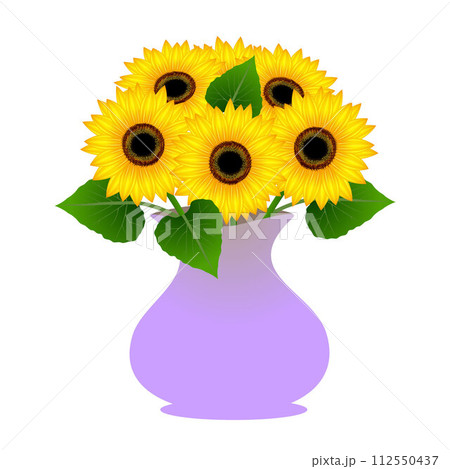 Vase with sunflowers and leaves on a white background. Vase with sunflowers and leaves on a white background. 112550437