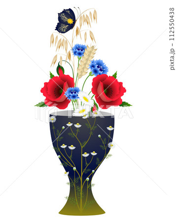 Wildflowers with a butterfly in a vase on a white background. Wildflowers with a butterfly in a vase on a white background. 112550438