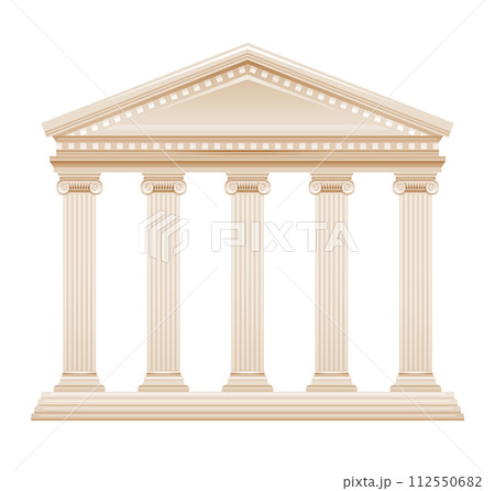 Greek temple building vector. Greek Roman pillar architecture. Ancient column illustration from Greece, Rome. Marble antique house - parthenon acropolis temple court bank. 3d icon on white baackground 112550682