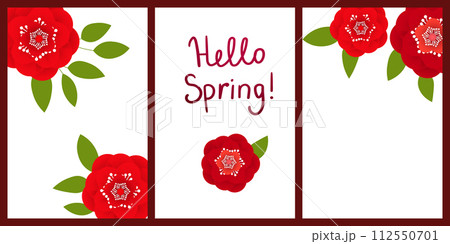 Hello spring banners collection. Background with color leaves, flowers. Nature concept design. Modern floral compositions in trendy flat simple style. Vector illustration for poster, greeting card 112550701