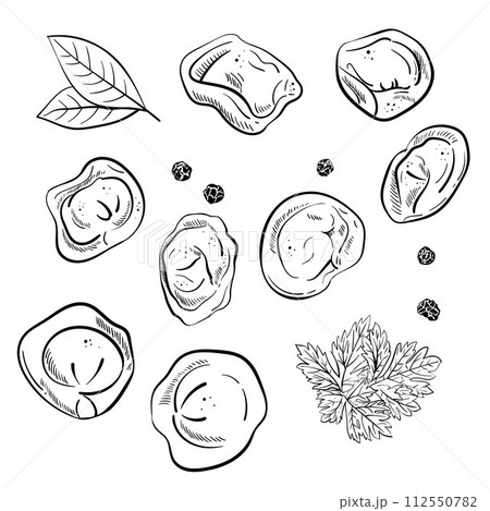 Dumplings set. Bay leaf. Black pepper peas. Ink hand drawing. Food, vegetables and fruit isolated on white background. Book sketch illustration, recipe, menu, magazine or journal article. Dumplings set. Bay leaf. Black pepper peas. Ink hand drawing. Food, vegetables and fruit isolated on white background. Book sketch illustration, recipe, menu, magazine or journal article. 112550782