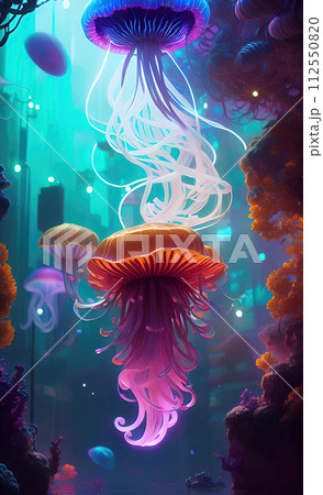 glowing jellyfish swims in the depths of the ocean,  AI generation glowing jellyfish swims in the depths of the ocean,  AI generation 112550820