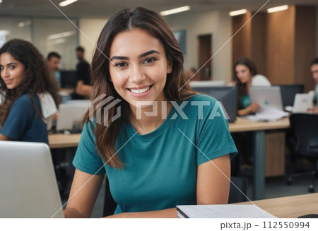 AI-generated content. Cheerful Young Woman at Desk AI-generated content. Cheerful Young Woman at Desk 112550994