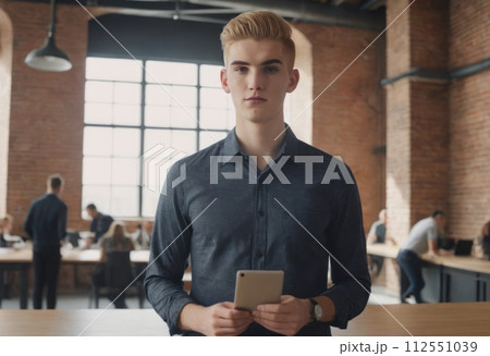 AI-generated content. Determined Executive with Tablet 112551039