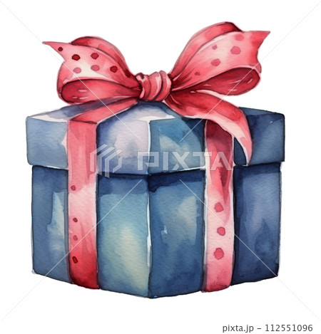 Watercolor Painting of a Blue Gift Box With a Red Bow Watercolor Painting of a Blue Gift Box With a Red Bow 112551096