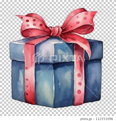 Watercolor Painting of a Blue Gift Box With a Red Bow Watercolor Painting of a Blue Gift Box With a Red Bow 112551096