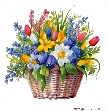 Basket Filled With Flowers on White Background 112551099