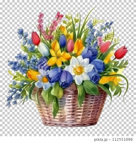 Basket Filled With Flowers on White Background 112551099
