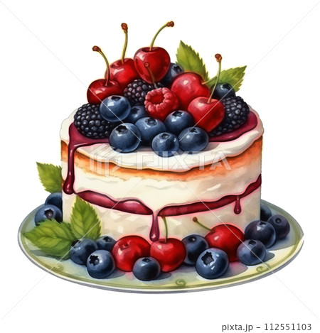 Painting of a Cake With Strawberries and Blueberries 112551103