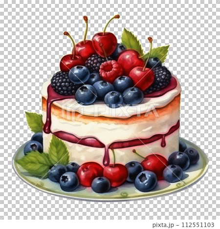 Painting of a Cake With Strawberries and Blueberries 112551103