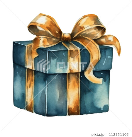 Watercolor Painting of a Blue Gift Box With a Red Bow 112551105