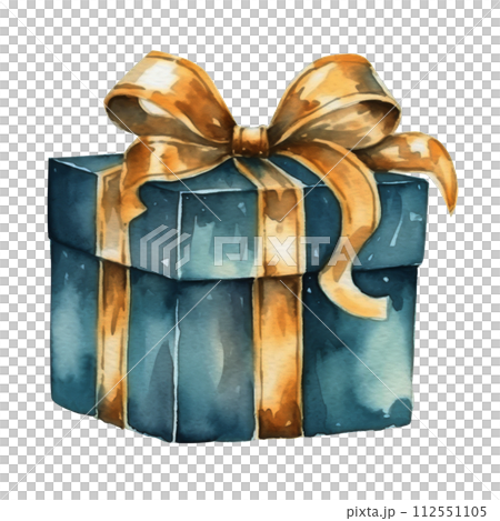 Watercolor Painting of a Blue Gift Box With a Red Bow 112551105