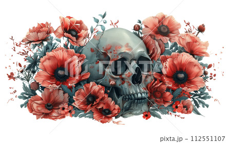 Skull Surrounded by Flowers 112551107