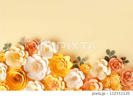 Paper flowers in various shades of yellow, white, and orange, artistically arranged against a soft yellow background. Perfect for backgrounds, invitations, or design requiring touch of floral beauty Paper flowers in various shades of yellow, white, and orange, artistically arranged against a soft yellow background. Perfect for backgrounds, invitations, or design requiring touch of floral beauty 112551120