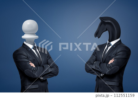 Chess pieces with human suits and animal heads 112551159