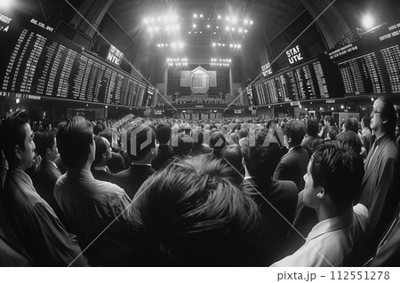 AI-generated content. Black and white crowd in a stock exchange 112551278