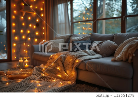 AI-generated content. Cozy living room with Christmas lights AI-generated content. Cozy living room with Christmas lights 112551279